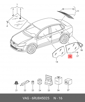 VAG Polo Sedan стекло задней левой двери 6RU 845 025 VAG