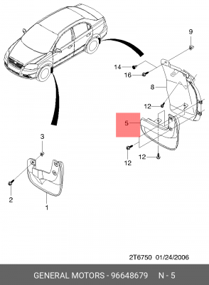 Chevrolet Aveo T255 Брызговик задний правый 96648679 GENERAL MOTORS