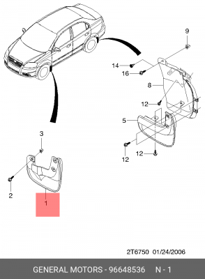 Chevrolet Aveo T255 Брызговик передний левый 96648536 GENERAL MOTORS