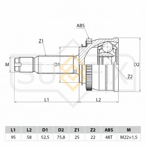 Hyundai Getz 1.3/1.4/1.6/ Rio 06-11/Verna (22x52.5x25) Шрус наружный ABS(без сма ST1046 SUFIX