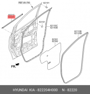 Hyundai GrandStarex Уплотнитель стекла передний правый 822204H000 HYUNDAI KIA