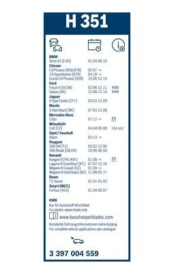 350мм Щетка заднего стеклоочистителя  Ford Focus II, C4, Colt, Mazda 3 с 2009, P 3 397 004 559 BOSCH