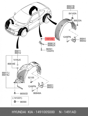 Kia Rio 12- пистон крепления перед бампера/Matrix задн брызговика 1491005000 HYUNDAI KIA