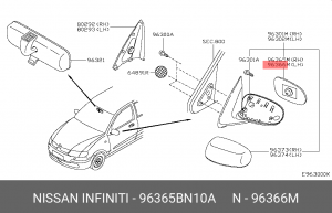 Nissan N16 стекло зеркала левого с подогревом 96365-BN10A NISSAN INFINITI