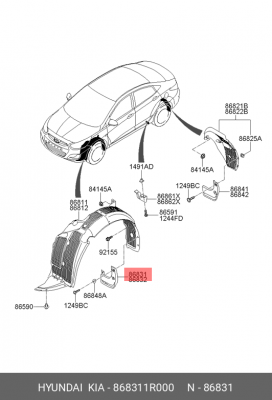 Hyundai Solaris Брызговик передний левый 868311R000 HYUNDAI KIA