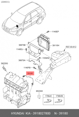Hyundai SantaFeCM 06-10 2.2D датчик положения коленвала 3918027800 HYUNDAI KIA