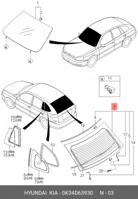 Kia Rio 00-05 стекло зад двери 0K34D63930 HYUNDAI KIA