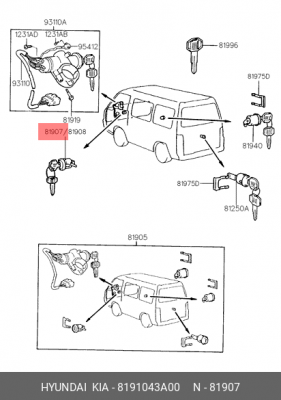 Hyundai Porter Личинка замка левой двери 8191043A00 HYUNDAI KIA