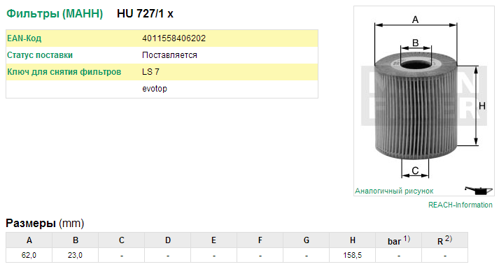 SS Kyron все/Actyon 06-11 все/ Rexton 02-12 все/ Musso 2.3б - фильтр масляный HU727/1X MANN FILTER