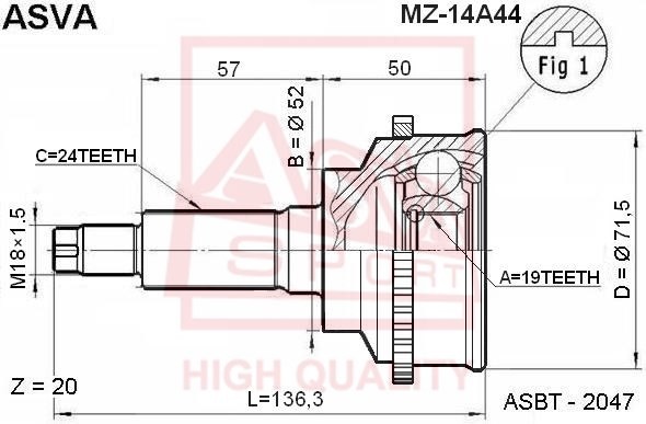 Mazda Demio DW3 98- шрус наружный с АБС 19x52x24 MZ-14A44 ASVA