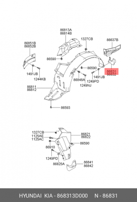 Hyundai Sonata EF брызговик перед лев. 868313D000 HYUNDAI KIA
