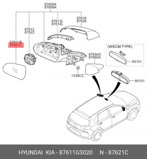 Hyundai Solaris 17  - стекло зеркала левого ( с обогревом) 87611G3020 HYUNDAI KIA
