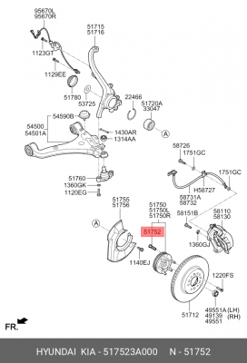 HYUNDAI SantaFe 00-06 шпилька перед колеса 517523A000 HYUNDAI KIA