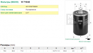 VAG 1.8-2.0 TFSi Фильтр масляный W71945 MANN FILTER