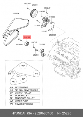 Kia Sorento 06-09  3.3 Ролик приводного ремня 25286-3C100 HYUNDAI KIA