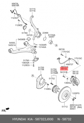 Kia Mohave шланг тормозной передний правый 587322J000 HYUNDAI KIA