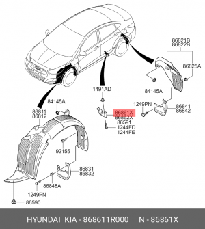 Hyundai Solaris/брызговик передний заднего левого колеса 868611R000 HYUNDAI KIA