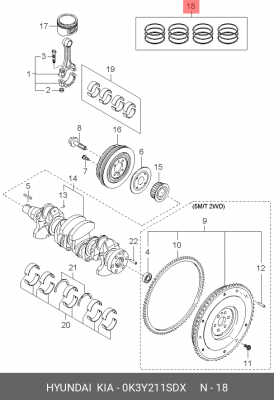 Kia Rio 00-05 Комплект поршневых колец (ремонт 0.5) 0K3Y211SDX HYUNDAI KIA