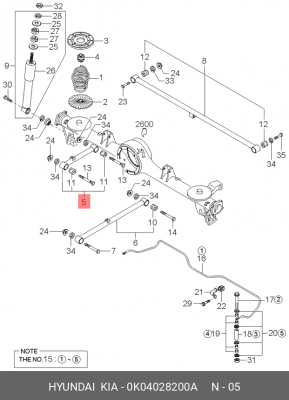 Kia Sportage 97-05 рычаг продольный зад.балки(короткий) 0K04028200A HYUNDAI KIA