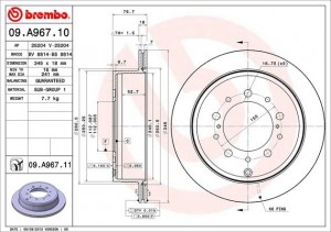 Toyota LC 200 08- диск тормозной задний 09.A967.10 BREMBO