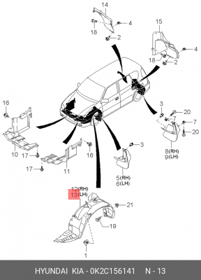 Kia Carens подкрылок передний левый 0K2C156141 HYUNDAI KIA