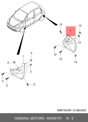 Chevrolet Spark 06- Брызговик задний левый 96590747 GENERAL MOTORS