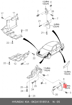 Kia Spectra Брызговик передний правый 0K2A151851A HYUNDAI KIA