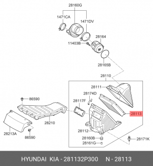 Hyundai Santa Fe 10-12 2.2D/Kia Sorento 09- 2,0-2.2D фильтр воздушный 28113-2P300 HYUNDAI KIA
