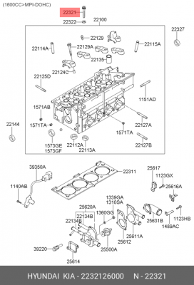Hyundai Accent DOHC/Getz 1.4-1.6/Elantra 00-05 1.6/Matrix 1.6 болт ГБЦ(10 шт/авт 2232126000 HYUNDAI KIA