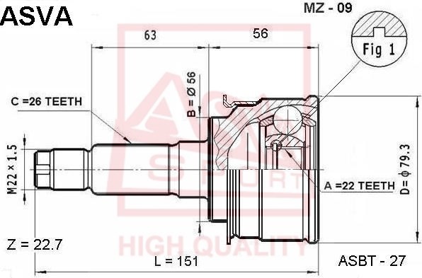 Kia Sephia Shuma Шрус Наружный 22*56*26 MZ-09 ASVA