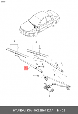 Kia Rio 00-05 Поводок стеклоочистителя правый 0K32B67321A HYUNDAI KIA
