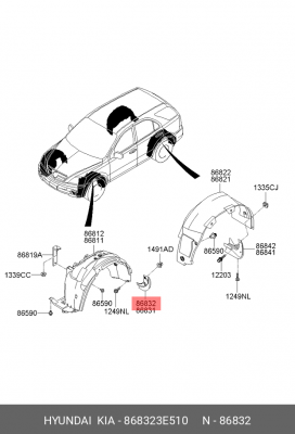 Kia Sorento 06-08 Брызговик передний правый 868323E510 HYUNDAI KIA