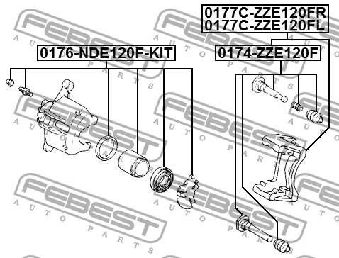 Toyota Corolla 02-06 направляющая суппорта переднего + резинки (к-кт на 2 колеса 0174-ZZE120F FEBEST
