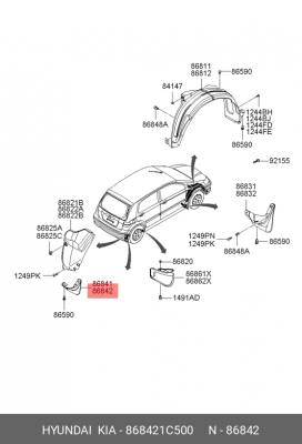 Hyundai Getz брызговик задний пр 868421C500 HYUNDAI KIA