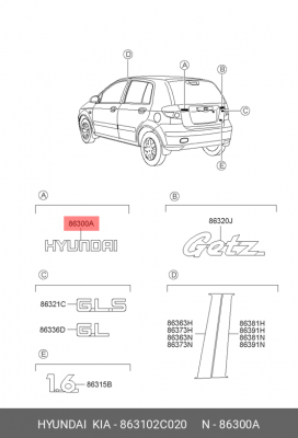 Hyundai Getz Эмблема HYUNDAI буквами 863102C020 HYUNDAI KIA