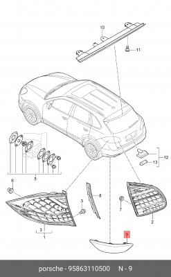 Porsche Cayenne отражатель заднего бампера левый 95863110500 PORSCHE