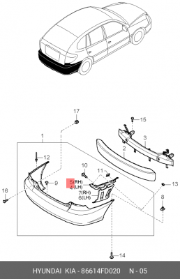 Kia Rio 2000-2005 кронштейн заднего бампера правый Хетчбек 86614FD020 HYUNDAI KIA