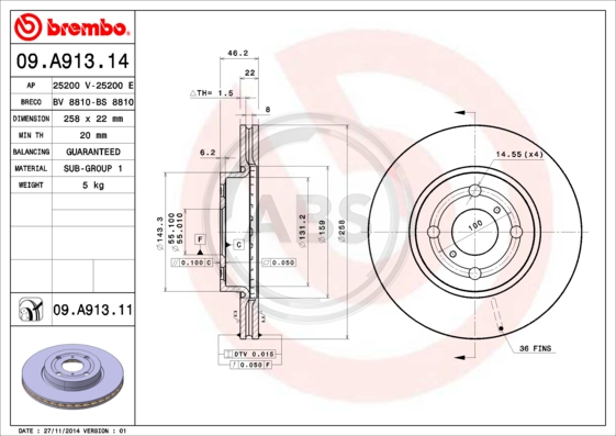 Toyota Yaris диск тормозной передний 09.A913.11 BREMBO