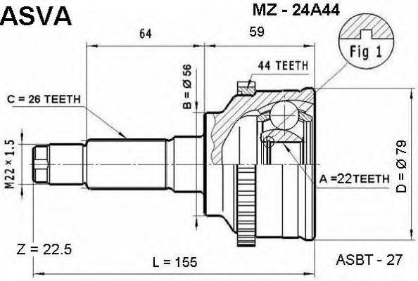 Mazda 323 1.3>1.6D 94-98 ШРУС наружный с АБС 22x56x26 MZ-24A44 ASVA