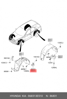 Kia Sorento 06-08 Брызговик передний левый 868313E510 HYUNDAI KIA