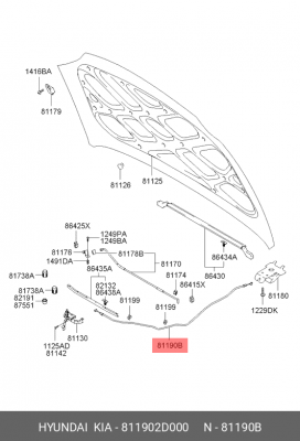 Hyundai Elantra XD трос открывания капота 811902D000 HYUNDAI KIA