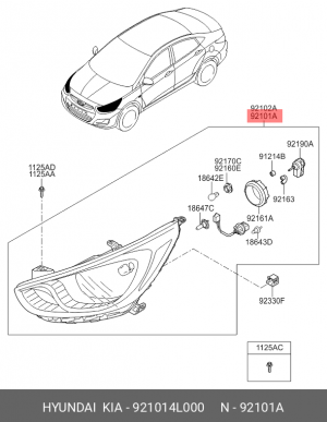 Hyundai Solaris фара перед лев 921014L000 HYUNDAI KIA