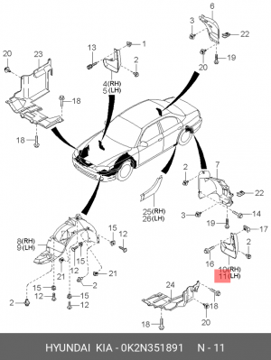 Kia Spectra Брызговик задний левый 0K2N351891 HYUNDAI KIA