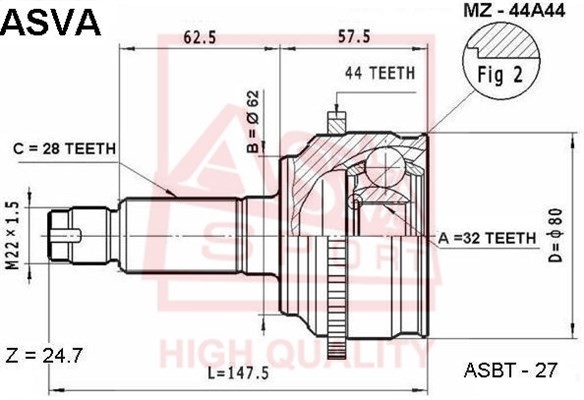 Mazda 6 GG 02-07 ШРУС наружный 32x62x28 с АБС MZ-44A44 ASVA