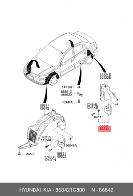 Kia Rio 10-11 HB брызговик зад прав 868421G800 HYUNDAI KIA