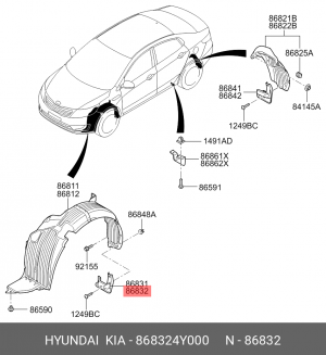 Kia Rio 12- Брызговик передний правый 868324Y000 HYUNDAI KIA