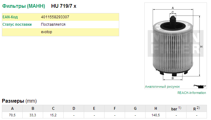 VAG T4, T5 1.9-2.5TDI Фильтр масляный HU719/7X MANN FILTER