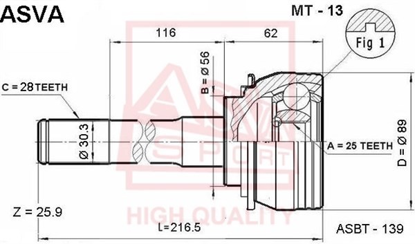 Hyundai Terracan 2.5 Шрус наружный 51610-H1000  25*56*28 MT-13 ASVA